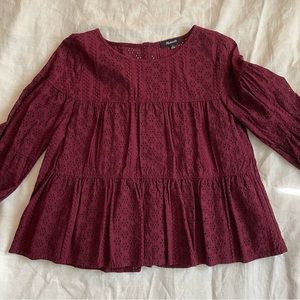 Madewell Eyelet Tiered Button-Back Top, Size Medium, Wine/Burgundy